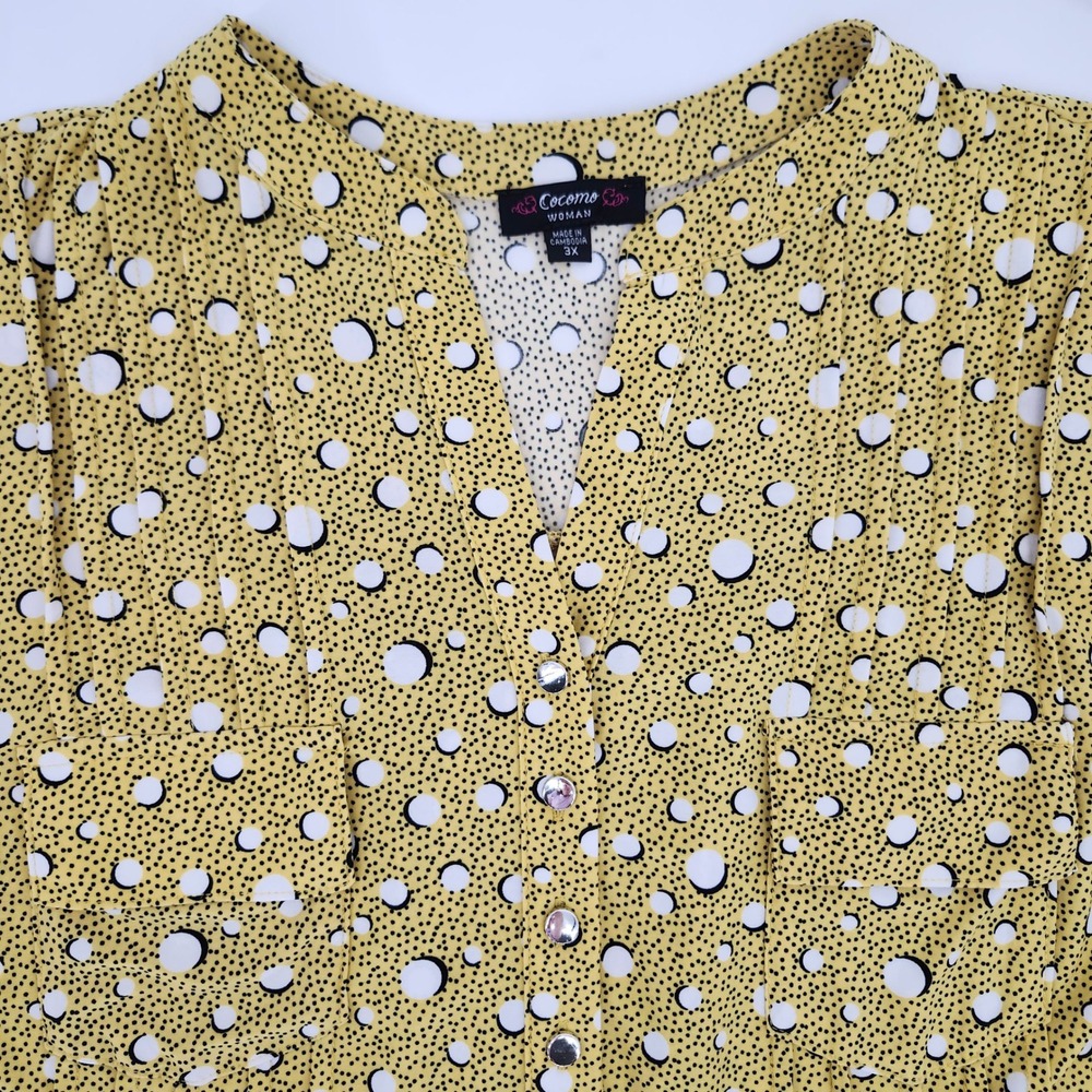 Cocomo Woman Yellow Polka Dot Popover Tunic Top Size 3X Pintuck Stretch Casual